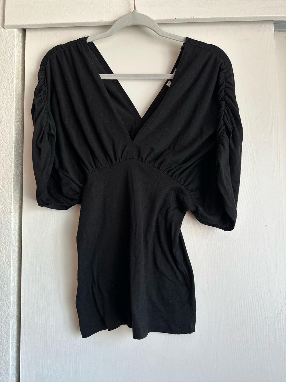 Black V-Neck Puff Sleeve Women's Blouse